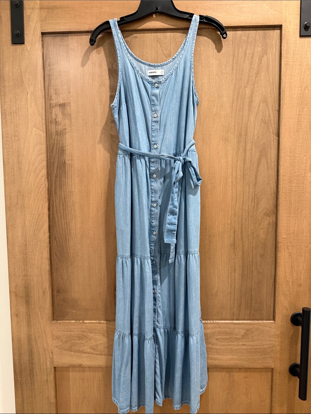 Light Blue Denim Tiered Button-Front Midi Dress
